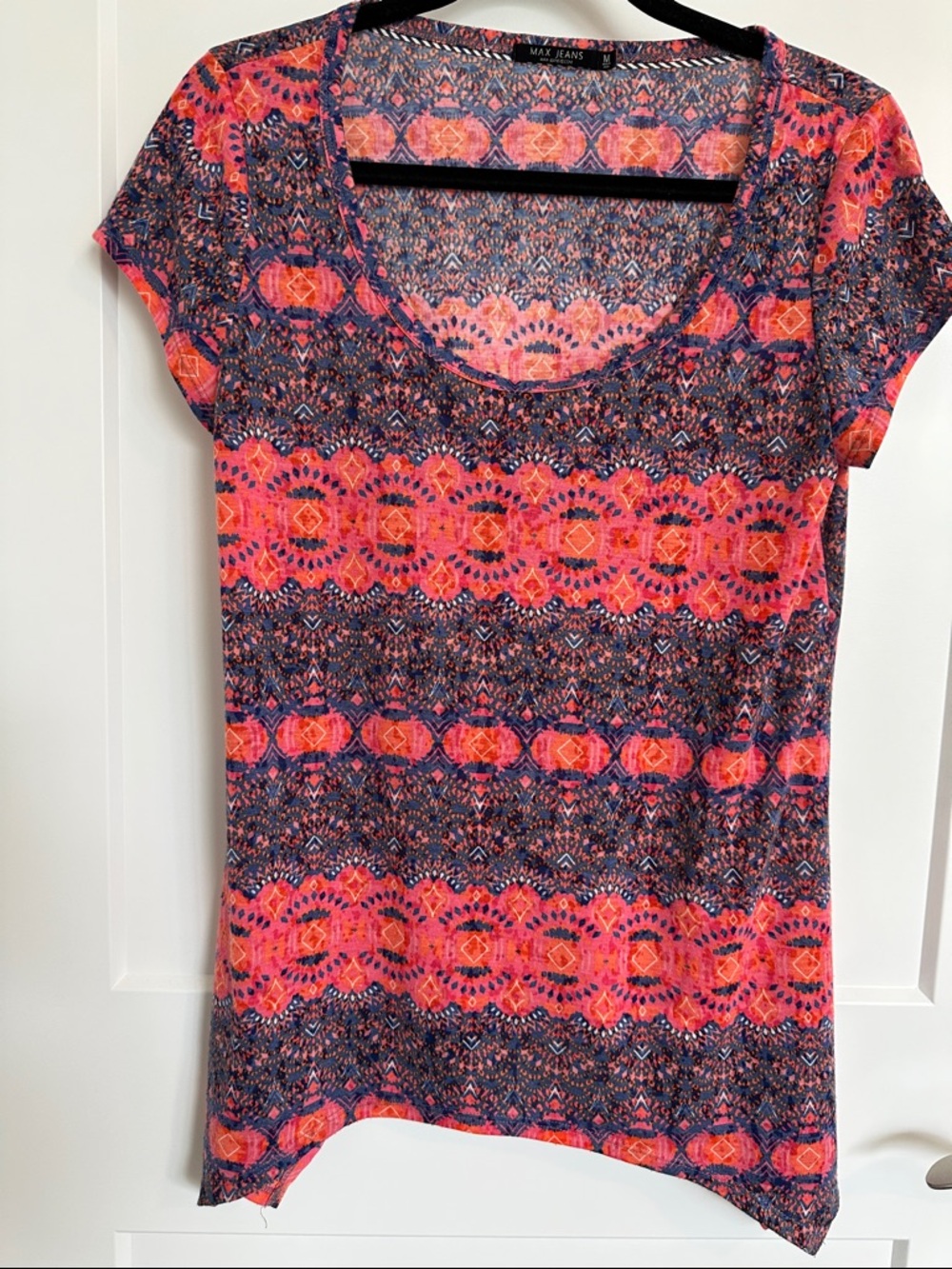 Max Jeans Pink and Navy Patterned Scoop Neck Short Sleeve Top